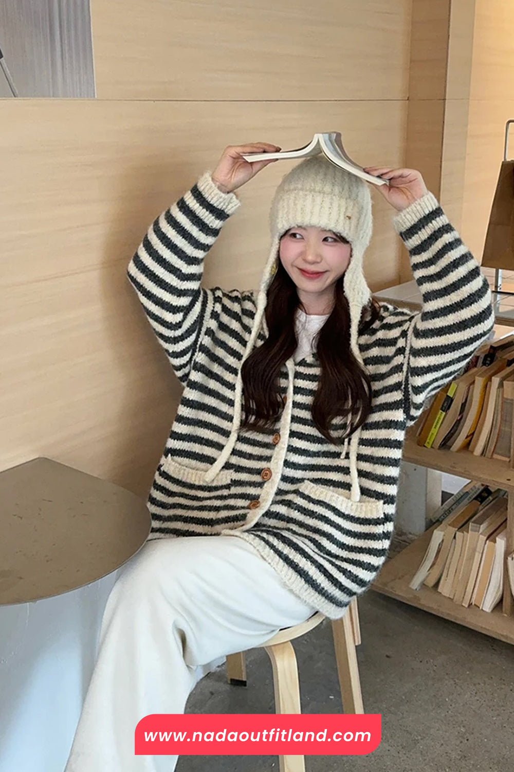 Long Sleeve Knitted Striped Hooded Cardigan Sweater