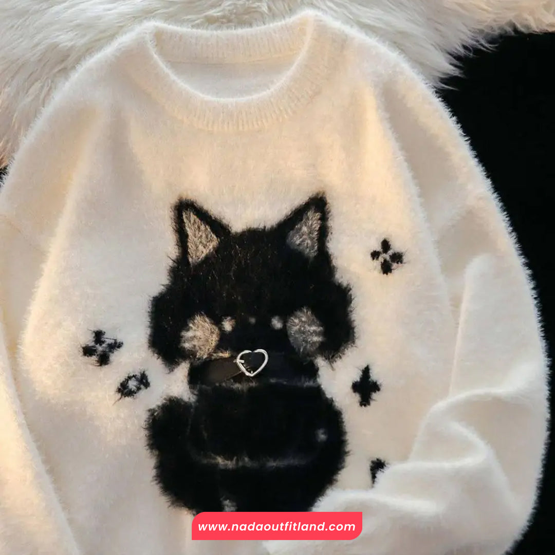 Cute Cat O-Neck Soft Velvet Sweater