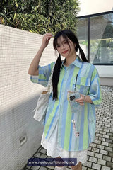 Short Sleeve Retro Green and Blue Striped Blouse Shirt