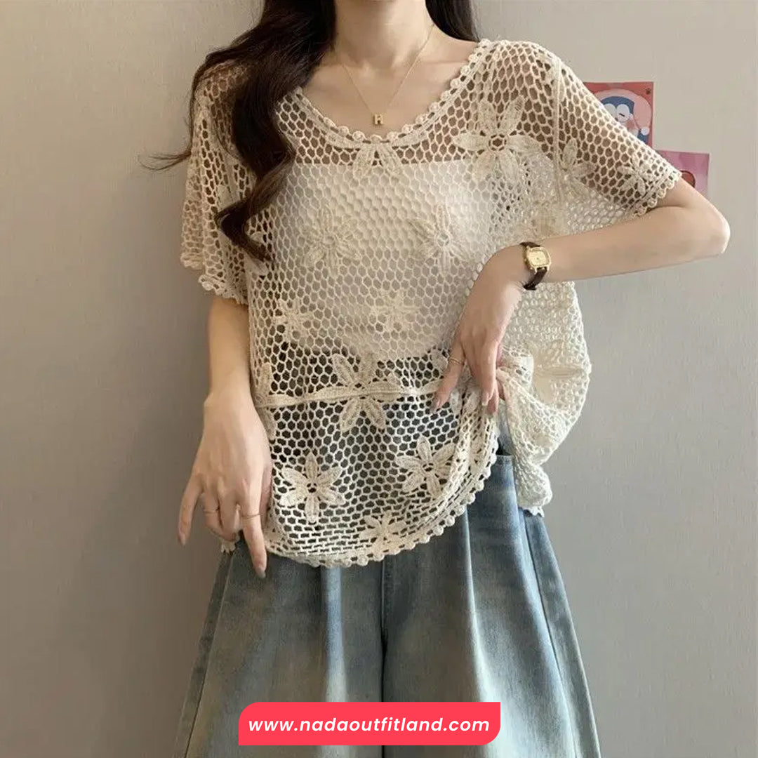 Short Sleeve Floral Lace Hollow Crochet Shirt