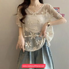 Short Sleeve Floral Lace Hollow Crochet Shirt
