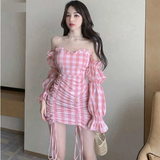 Slash Neck Long Flare Sleeve Plaid Mini Dress