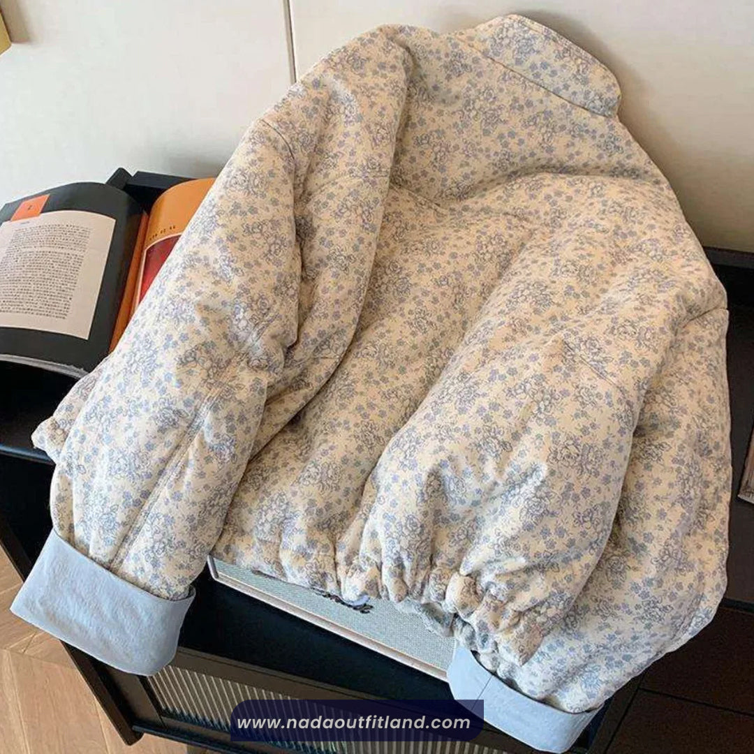 Stand Collar Floral Pattern Thick Warm Jacket