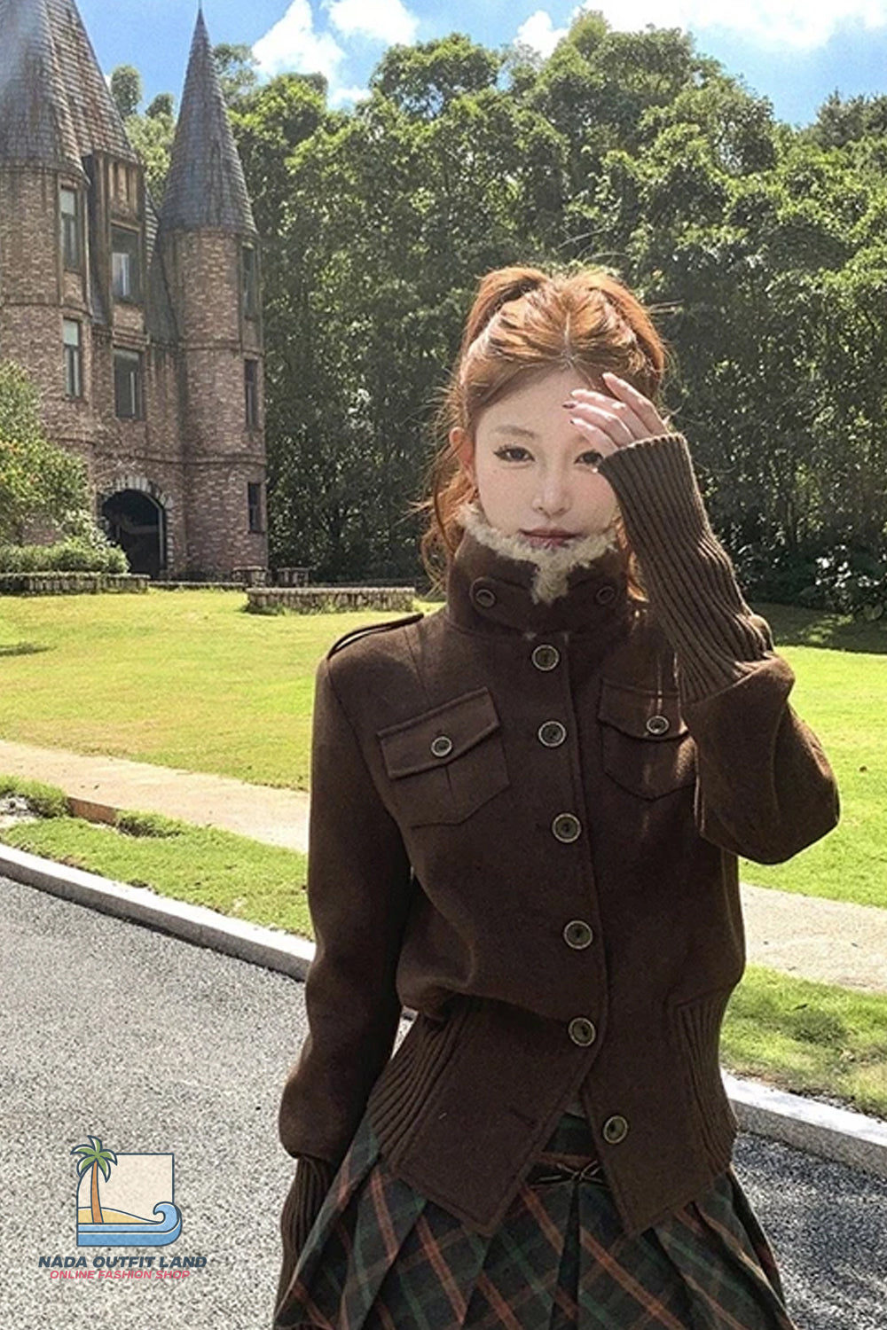 Long Sleeve Vintage Stand Collar Cropped Brown Coat Jacket