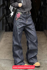 High Waist Flowers Pocket Pattern Retro Jeans Pants