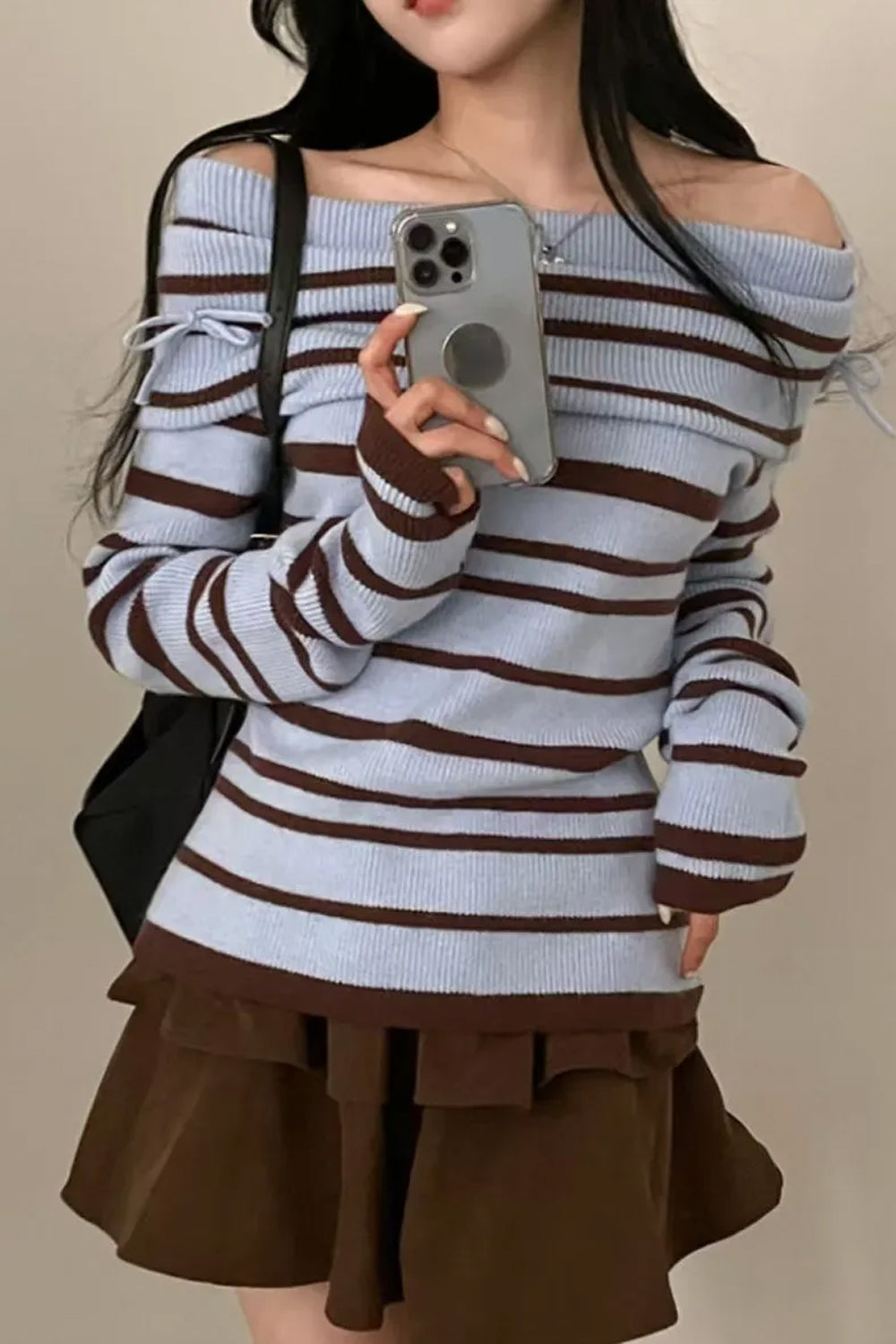 Sexy Slash Neck Striped Cute Bow Knit Sweater