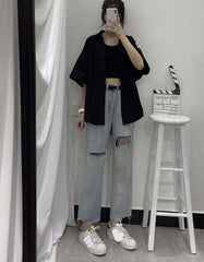 Loose Short Sleeve Solid Blouse Shirt