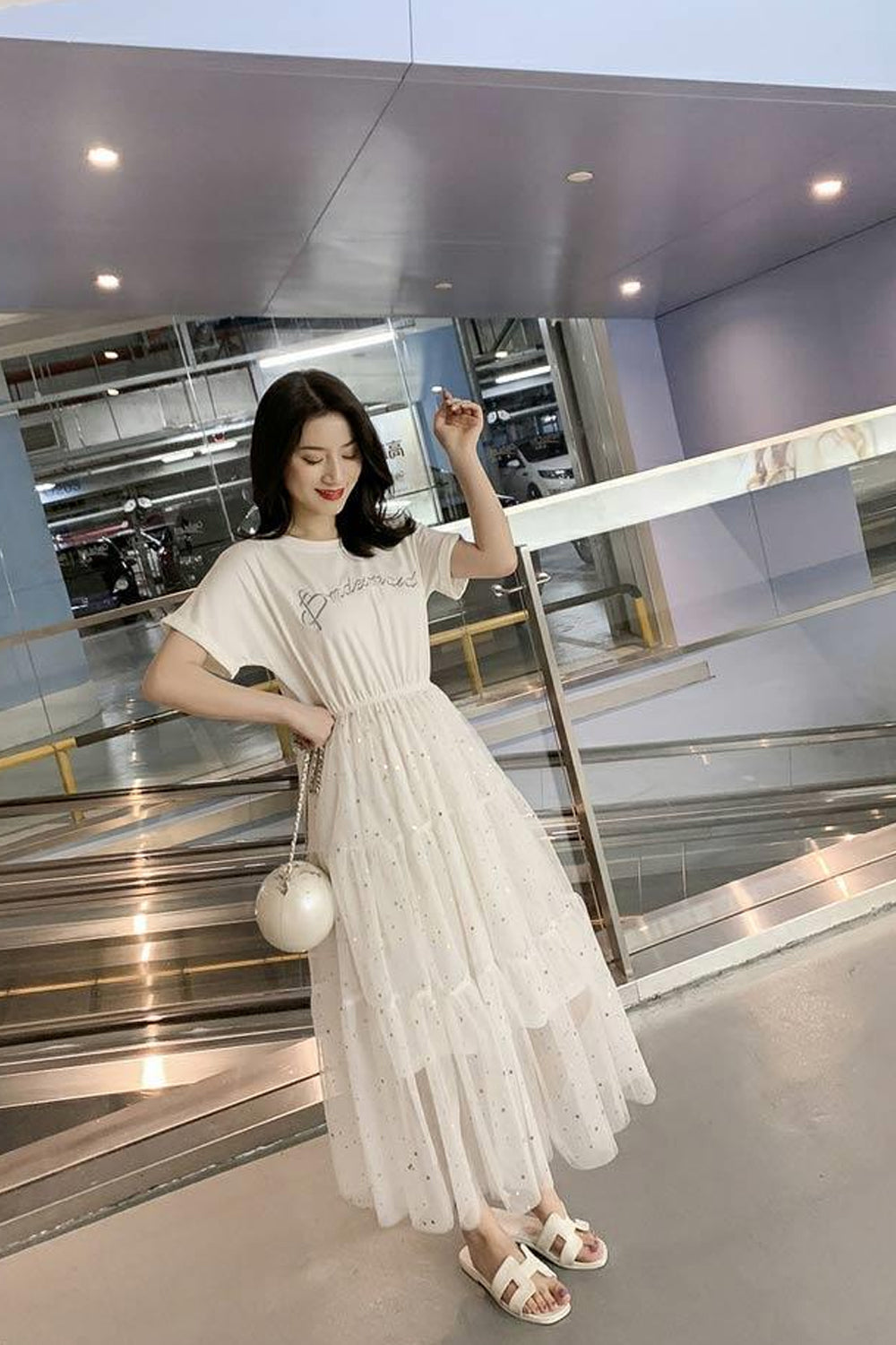 Loose O-Neck Casual Mesh Sequined Dress