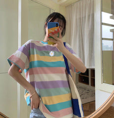 Loose Daisy Embroidered Short Sleeve Striped Shirt