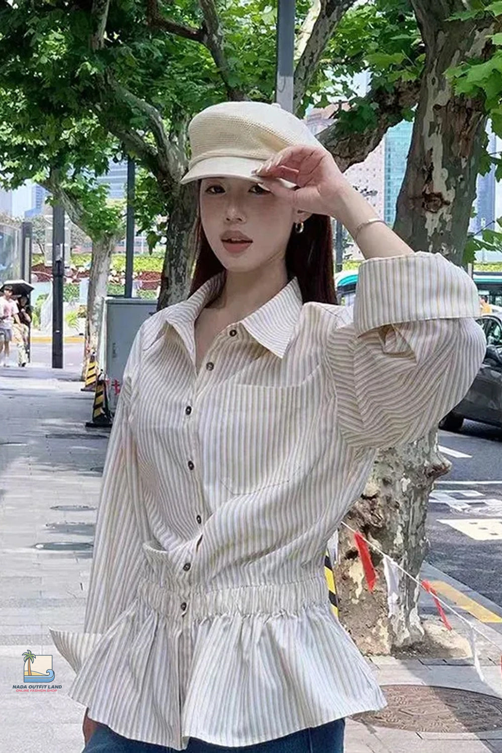 Long Sleeve Stripe Folds Ruffle Blouse Shirt