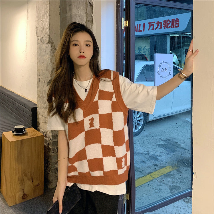 Loose Chess Plaid V-Neck Vest Sweater