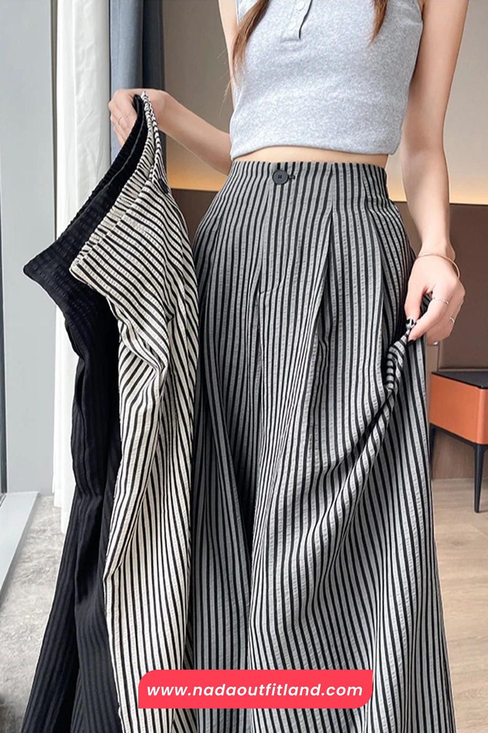 High Waist Elegant Full Striped Office Long Pants