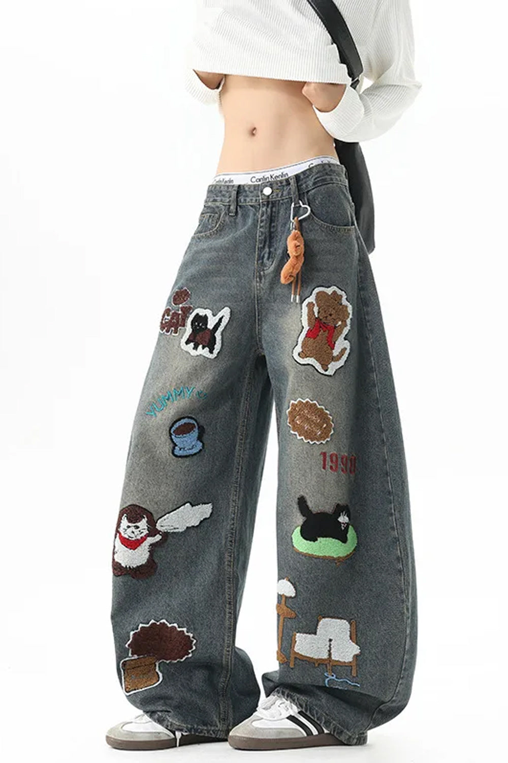 Loose Cartoon Embroidered Hip Hop Jeans Pants
