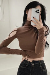 Long Sleeve Sexy Hollow Out Turtleneck Shirt