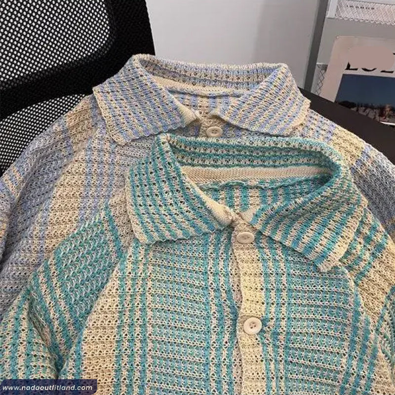 Short Sleeve Turn Down Collar Striped Style Knitted Shirt