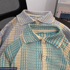 Short Sleeve Turn Down Collar Striped Style Knitted Shirt