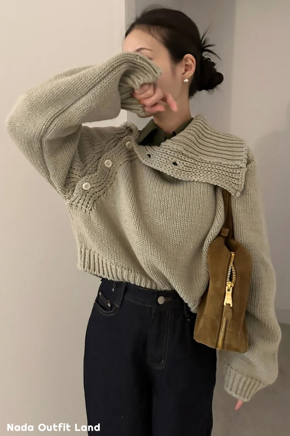 Long Sleeve Irregular Style Knitted Cropped Sweater