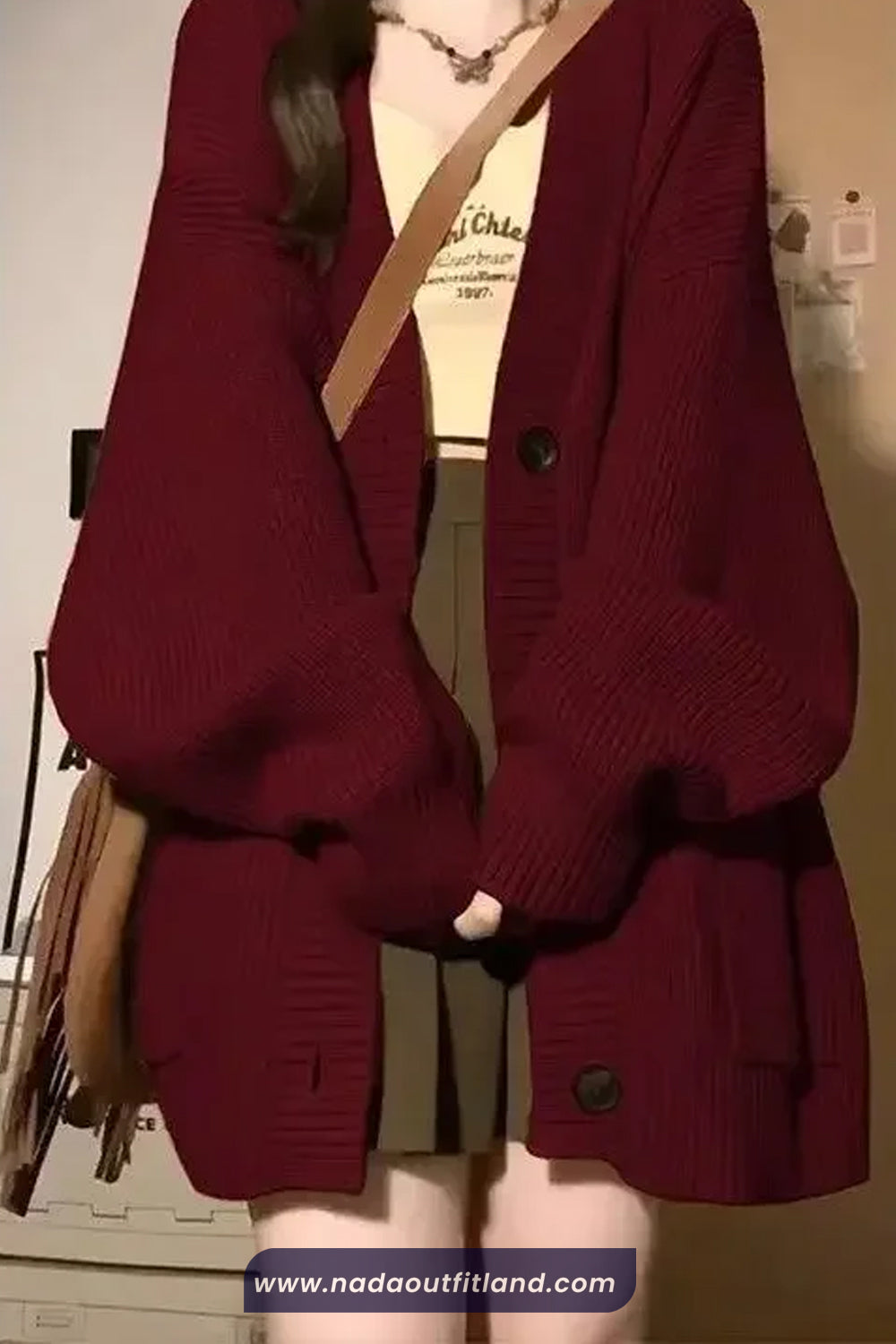 Long Sleeve V-Neck Knitted Maroon Cardigan Sweater