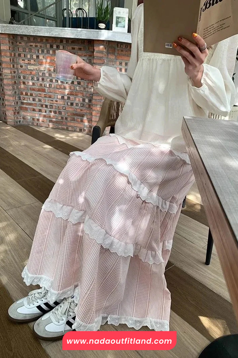 High Waist Cute Plaid Lace Patchwork Long Skirts