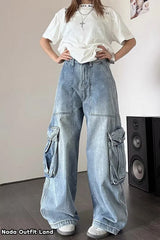 High Waist Retro Cargo Pockets Women Jeans Pants