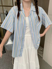 Short Sleeve Blue Striped Vintage Blouse Shirts
