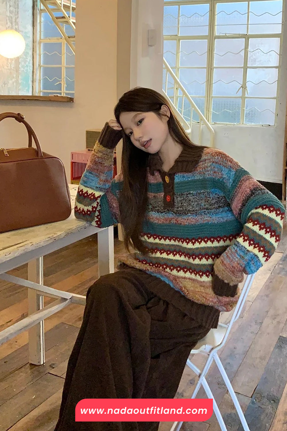 Long Sleeve Turn Down Collar Retro Pattern Sweater