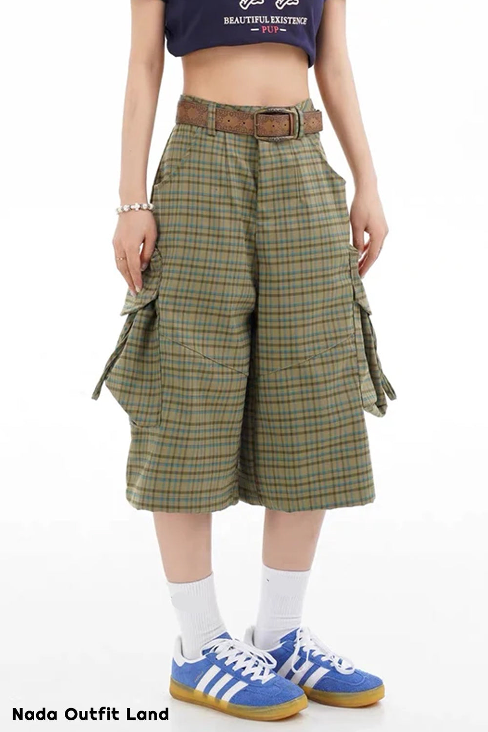 High Waist Vintage Plaid Pattern Knee Length Pants