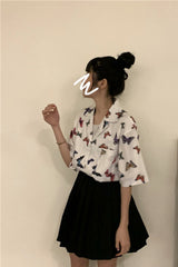 Vintage Butterfly Printed Short Sleeve Blouse Shirt