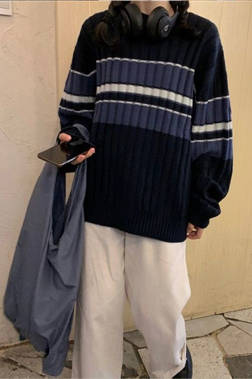 Vintage Striped Ribbed Loose Sweater