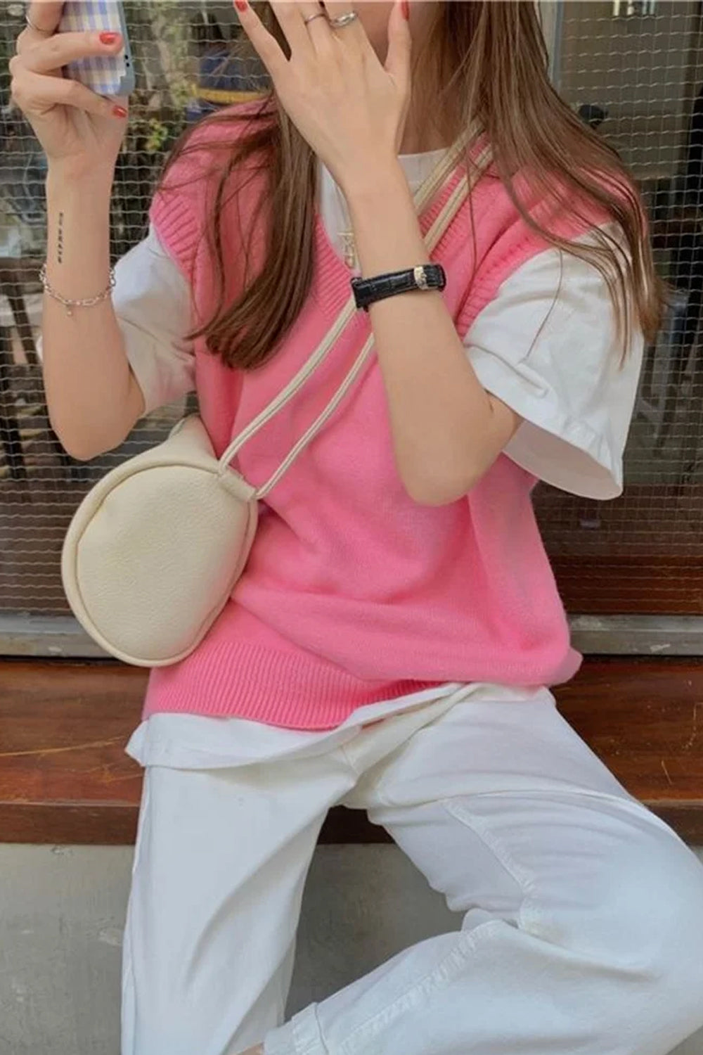 V-Neck Sweet Pink Vest Sleeveless Sweater