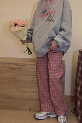High Waist Cute Dark Pink Plaid Long Pants