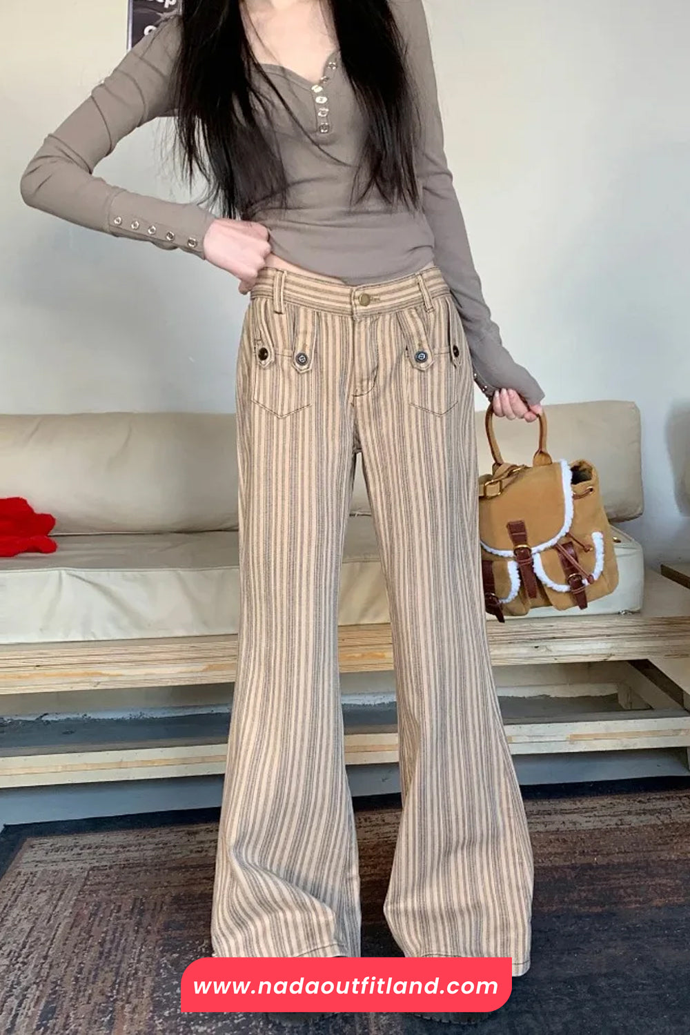 High Waist Striped Style Brown Denim Pants