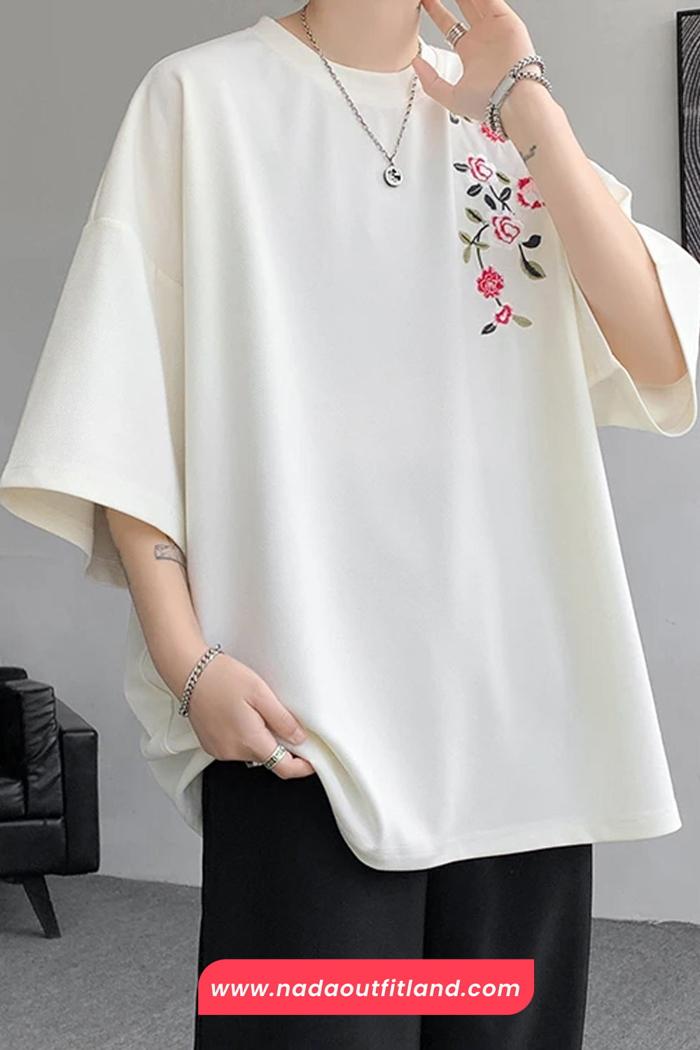 Loose Flower Embroidered Half Sleeve Shirts