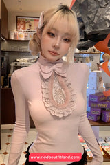 Long Sleeve Cute Bow Design Lace Shirt