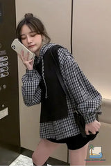 Loose Two Style Hooded Plaid Sweatshirt