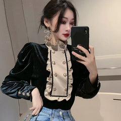 Long Sleeve Stand Collar Velvet Blouse Shirts