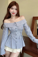 Slash Neck Off Shoulder Striped Slim Blouse Shirt