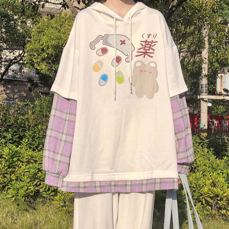 Long Sleeve Mask and Pill Printed Plaid Combine Shirt