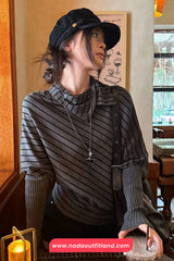 Long Sleeve Irregular Collar Grey Striped Sweater
