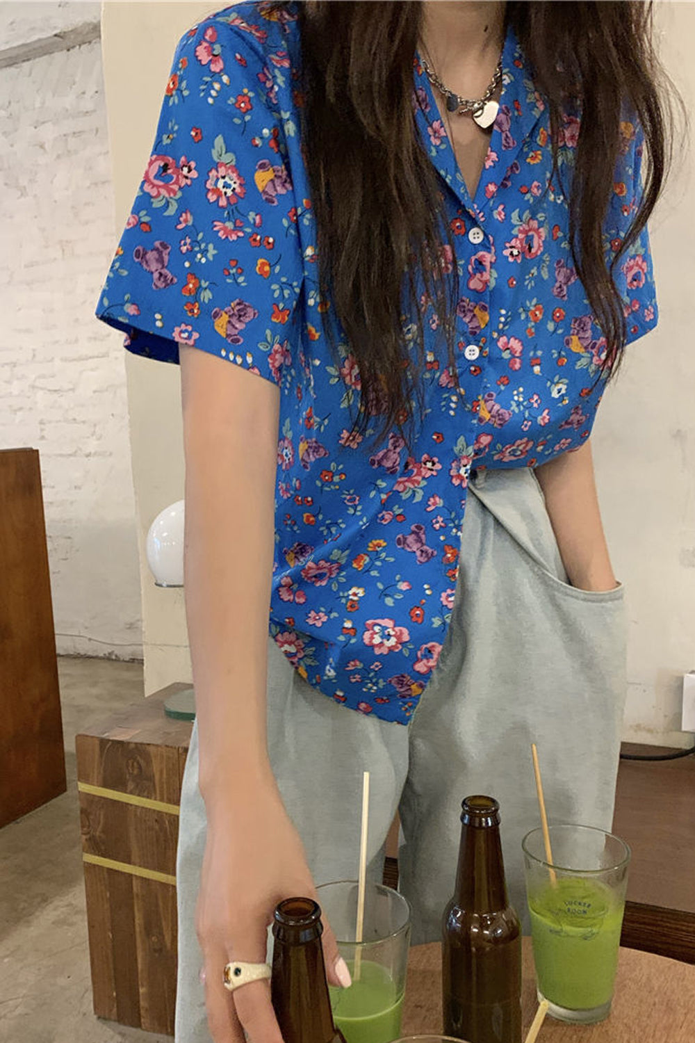 Short Sleeve Floral Pattern Summer Blouse Shirt