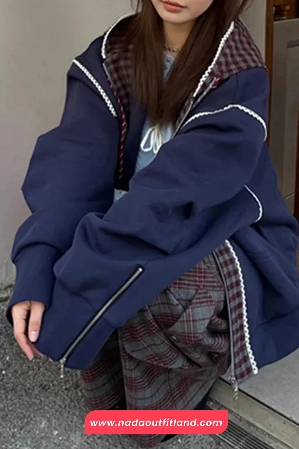 Long Sleeve Vintage Plaid Patchwork Zipper Hooded Sweatshirt