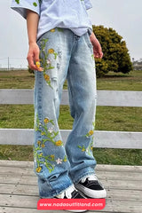 High Waist Side Floral Embroidered Men Jeans Pants