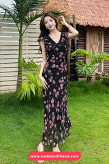 V-Neck Retro Floral Pattern Black Chiffon Long Dress