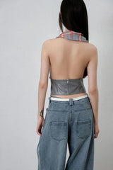 Sexy Plaid Patchwork Backless Leather Crop Tops