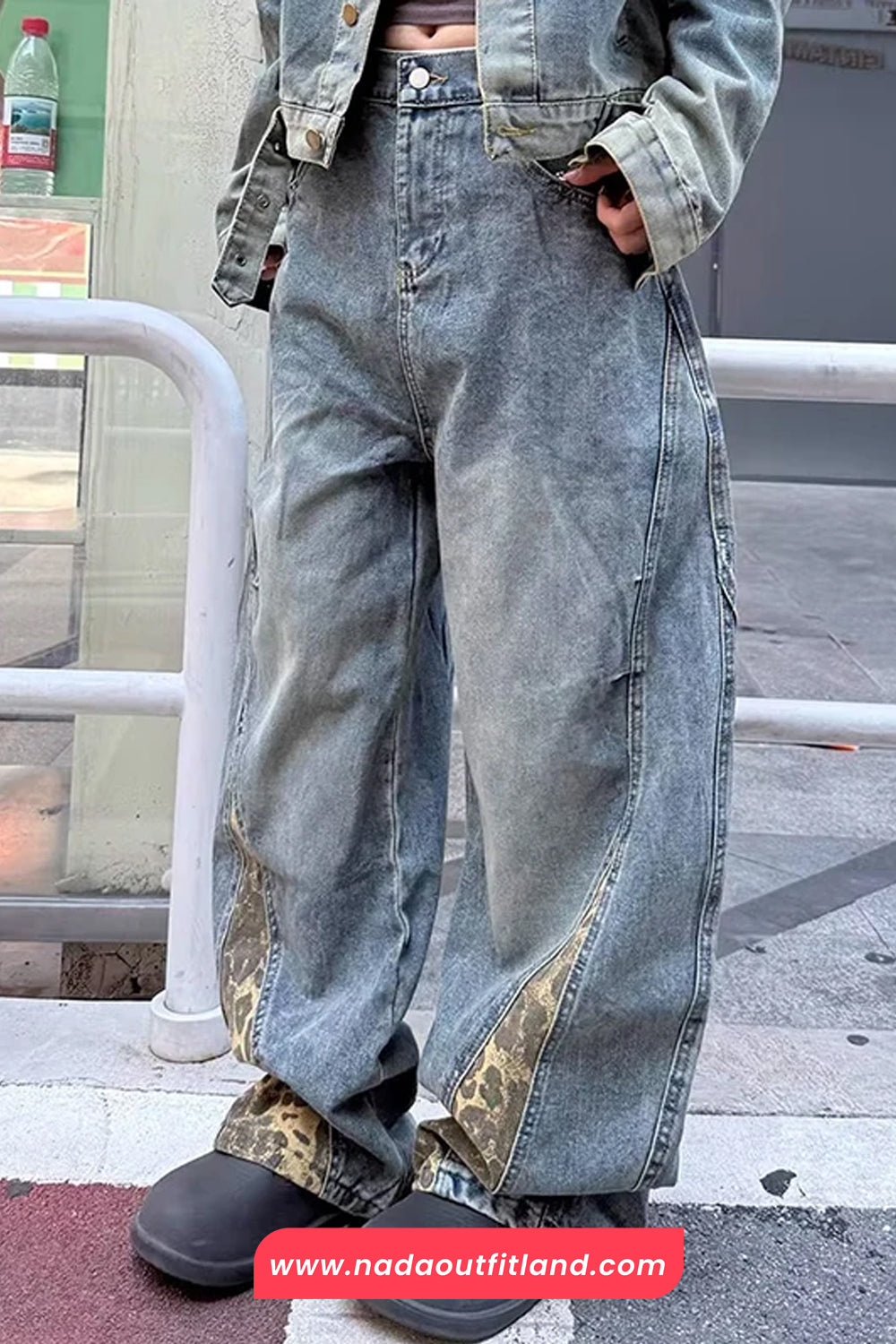 Loose Leopard Patchwork Wide Leg Jeans Pants