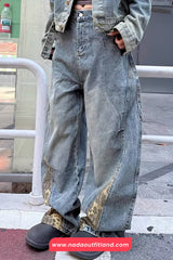 Loose Leopard Patchwork Wide Leg Jeans Pants