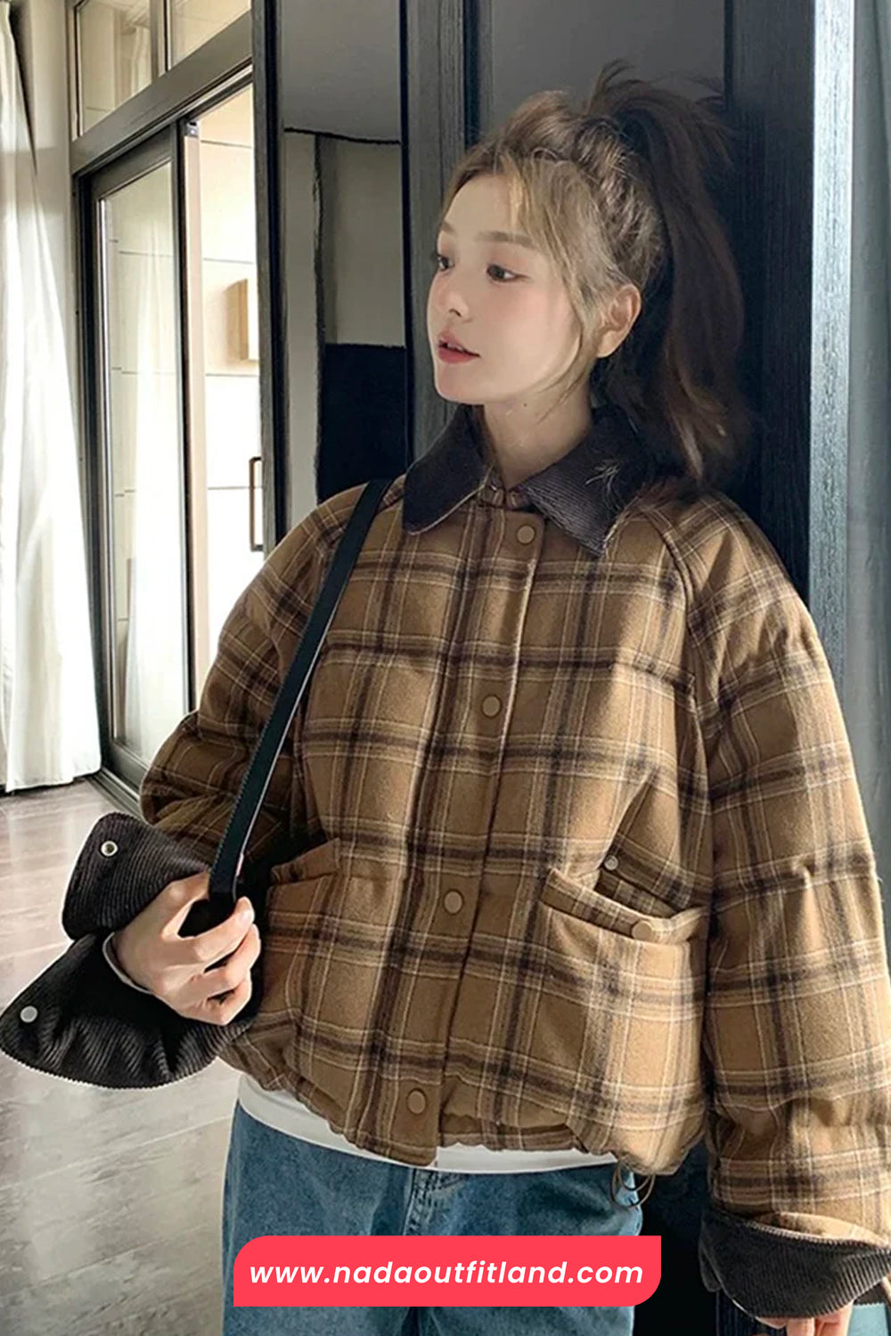 Long Sleeve Turn Down Collar Retro Plaid Thick Jacket