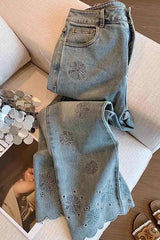 High Waist Lace Floral Embroidered Ankle Length Jeans Pants