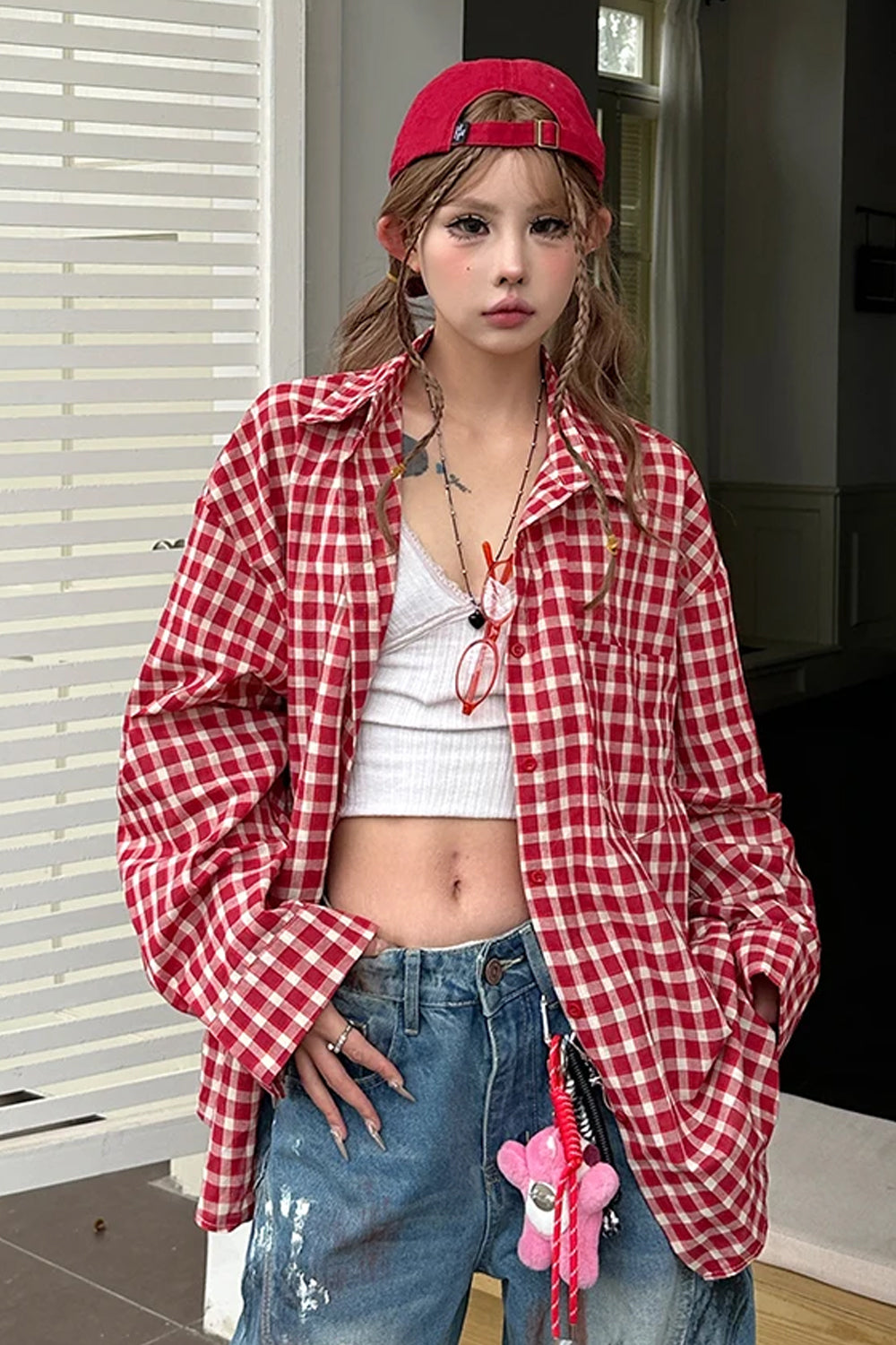 Long Sleeve Hip Hop Red Plaid Blouse Shirt
