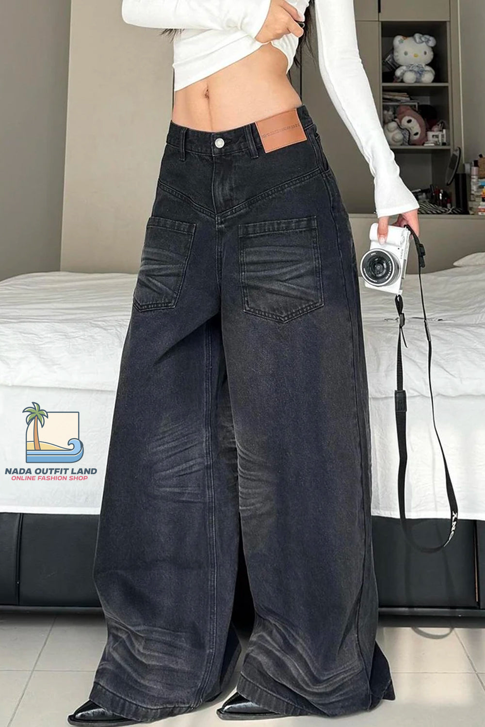 High Waist Retro Black Grey Loose Jeans Pants